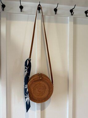 Round Rattan Crossbody Bag Woven Straw Boho Bali Style Summer Beach Purse